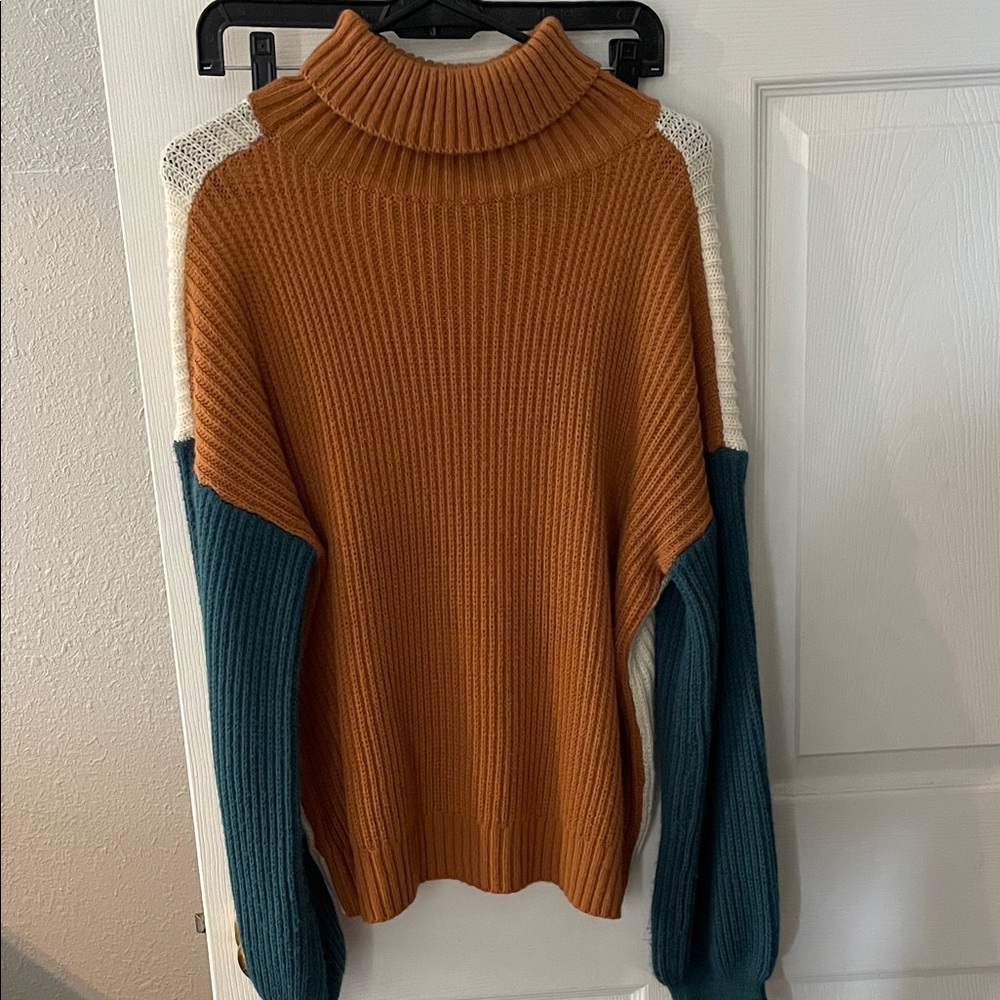 Colorblock Turtleneck Sweater - Brown and Teal